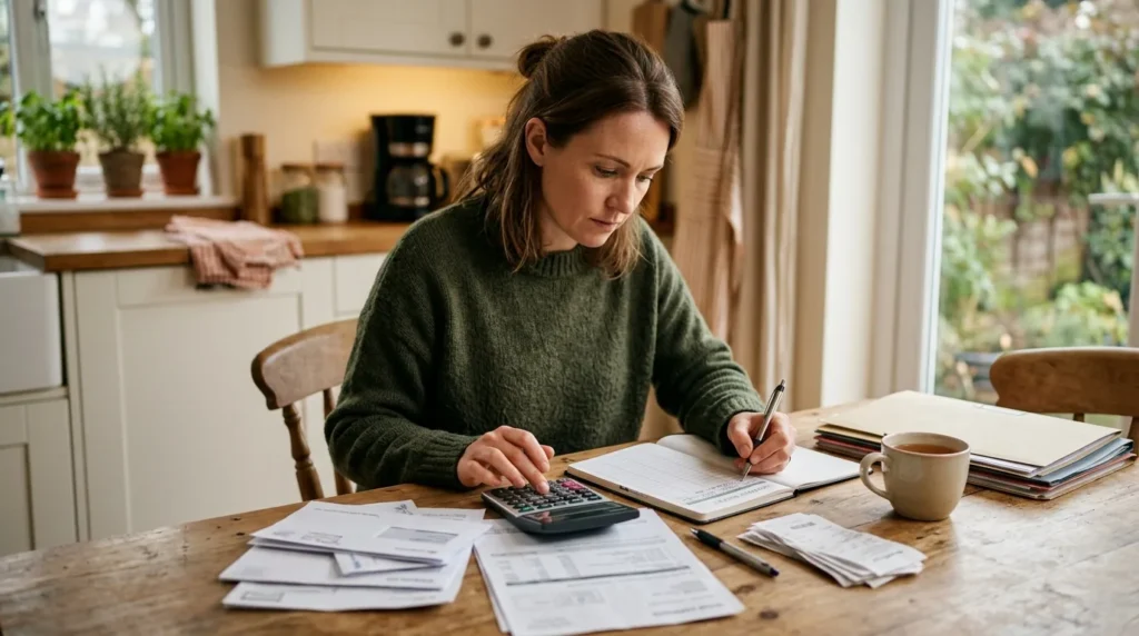 Mulher organizando contas na mesa da cozinha com uma calculadora e um caderno