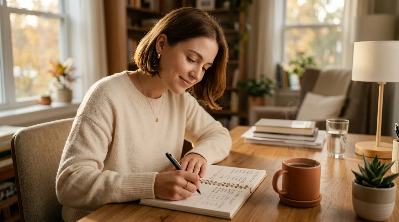 Pessoa escrevendo um orçamento mensal em um caderno com uma xícara de café