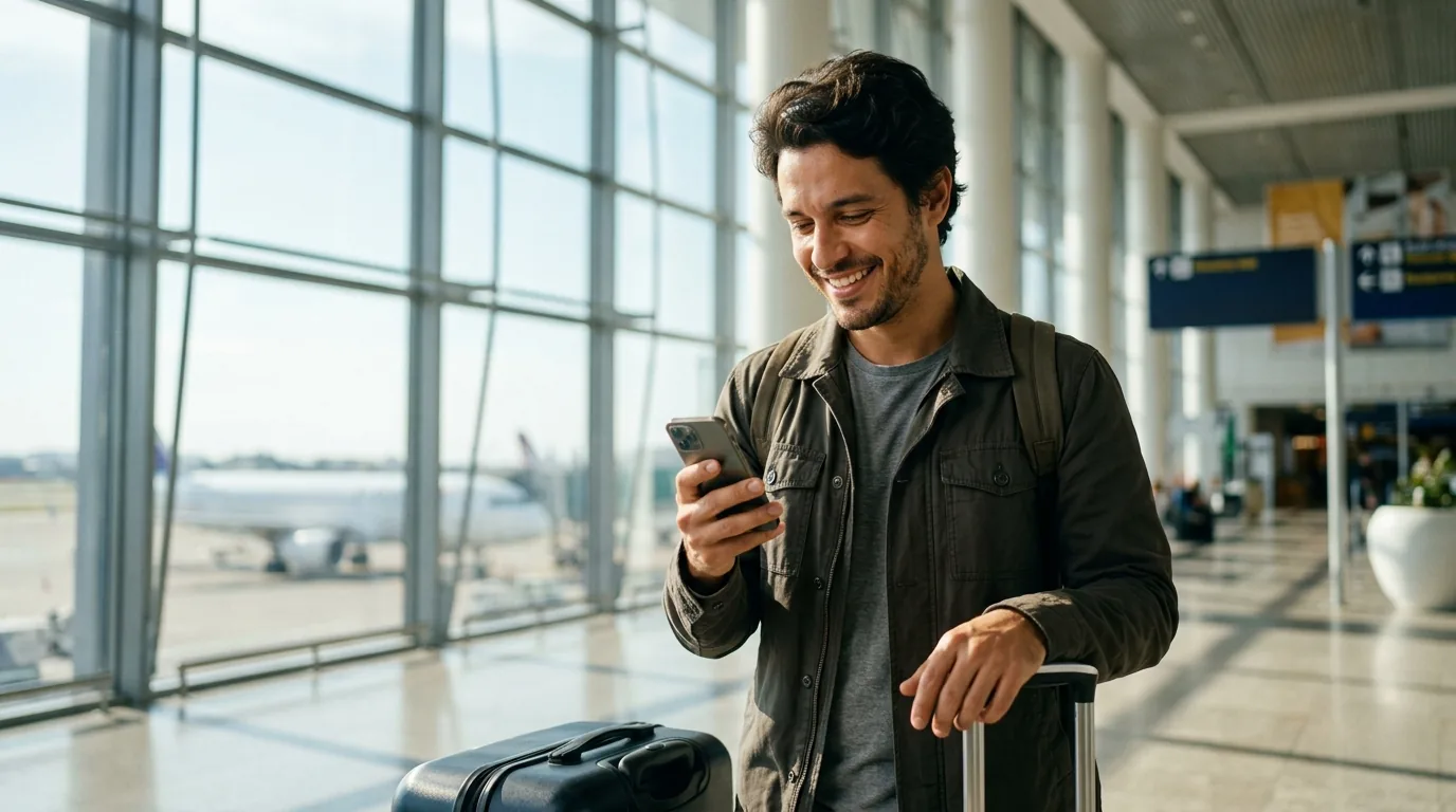 Viajante feliz no aeroporto olhando o celular apos transferir as milhas