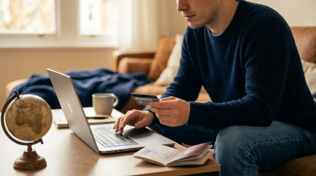 Homem fazendo uma compra online com o cartão de crédito, passaporte e globo sobre a mesa