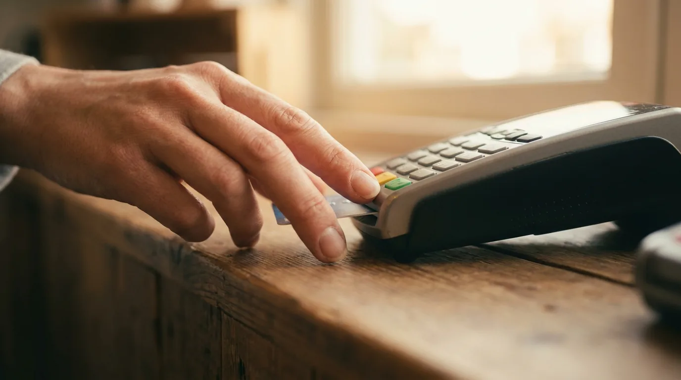 Mão inserindo um cartão de crédito na maquininha de pagamento