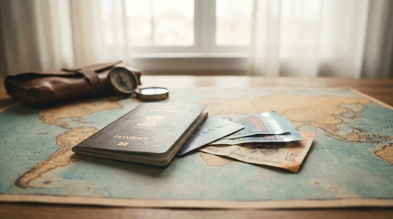 Passaporte, cartão de crédito e cédulas estrangeiras sobre um mapa-múndi