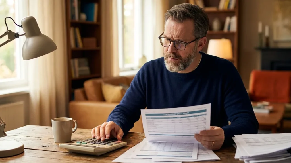 Homem revisando um documento financeiro com calculadora tentando entender um imposto