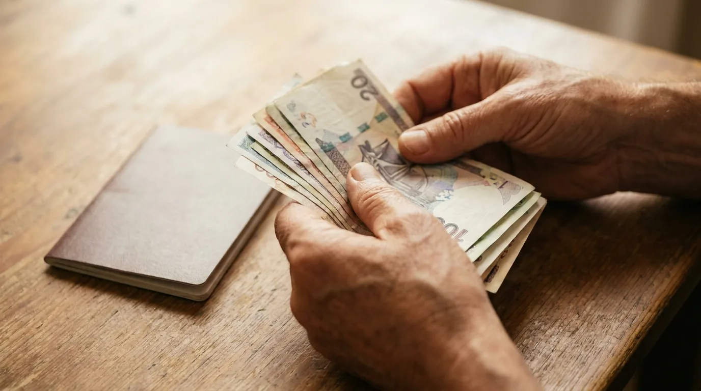 Mãos segurando cédulas de dinheiro ao lado de um passaporte sobre a mesa