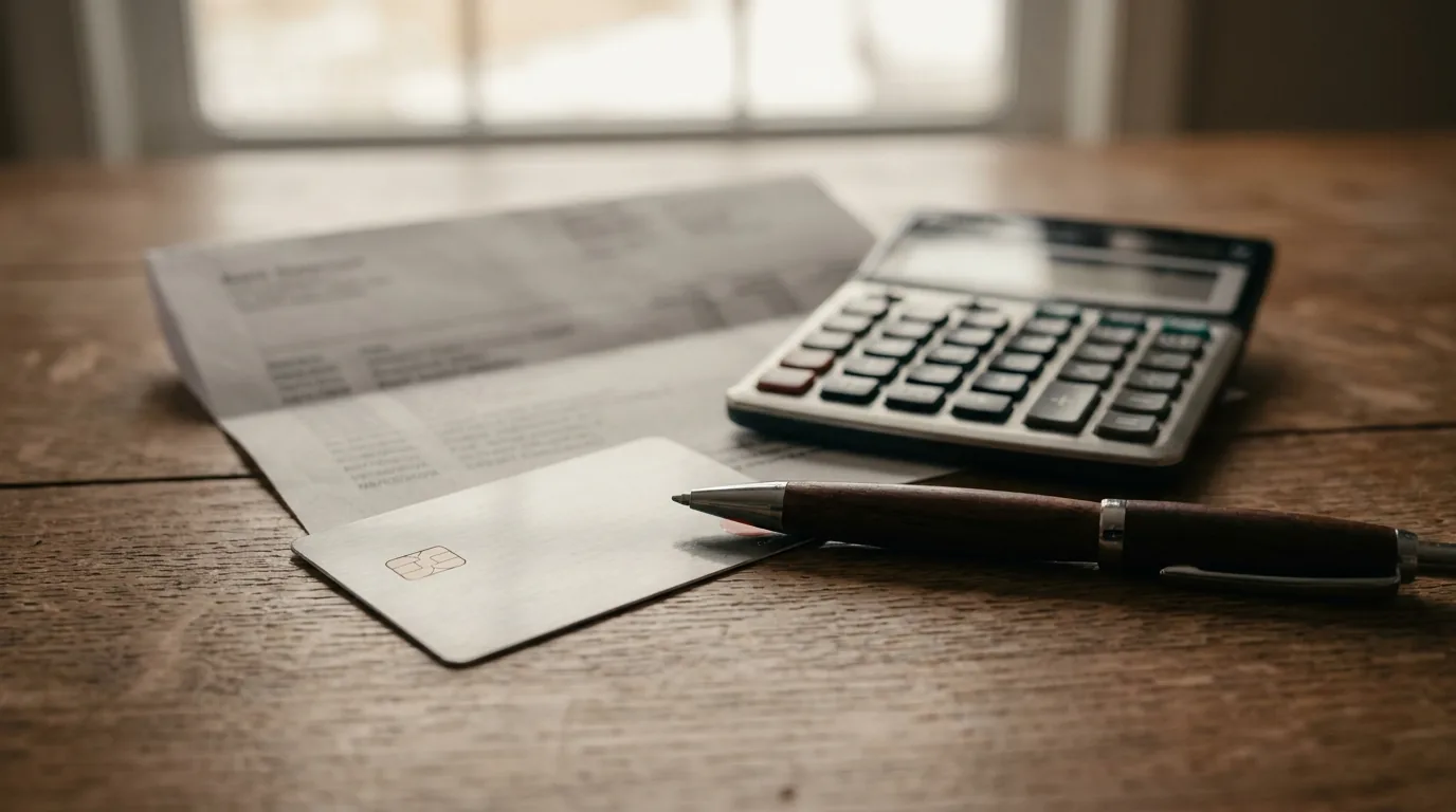 Cartão de crédito sobre um extrato bancário ao lado de uma calculadora