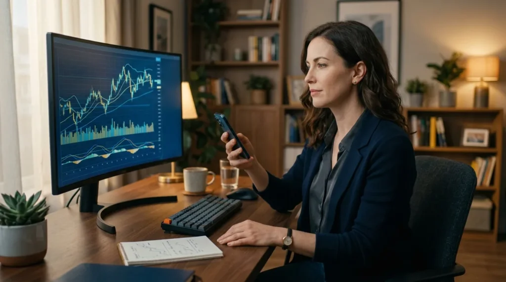 Investidora analisando gráficos do mercado financeiro na tela do computador com o celular na mão