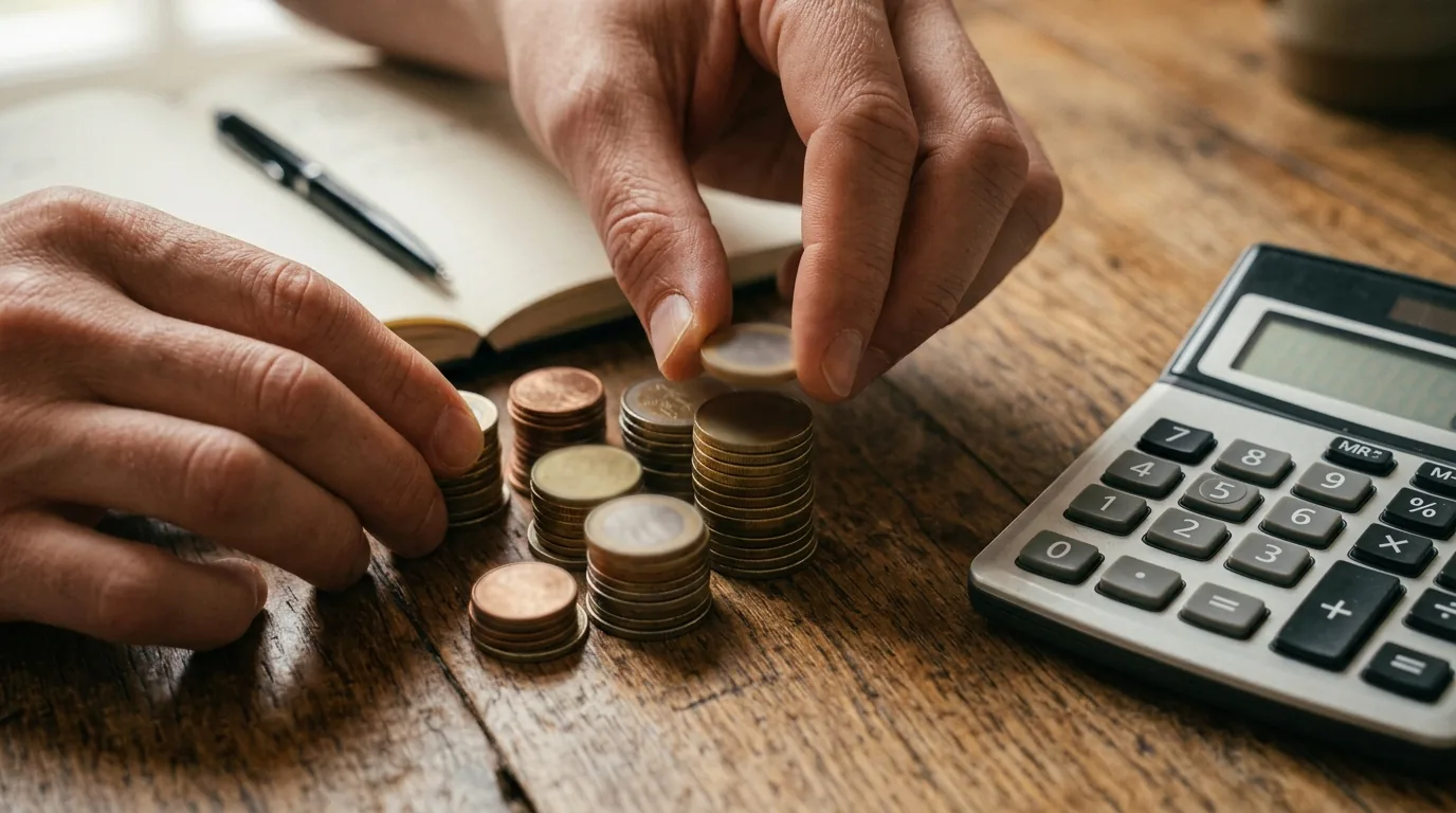 Mãos empilhando moedas ao lado de uma calculadora, comparando retornos seguros