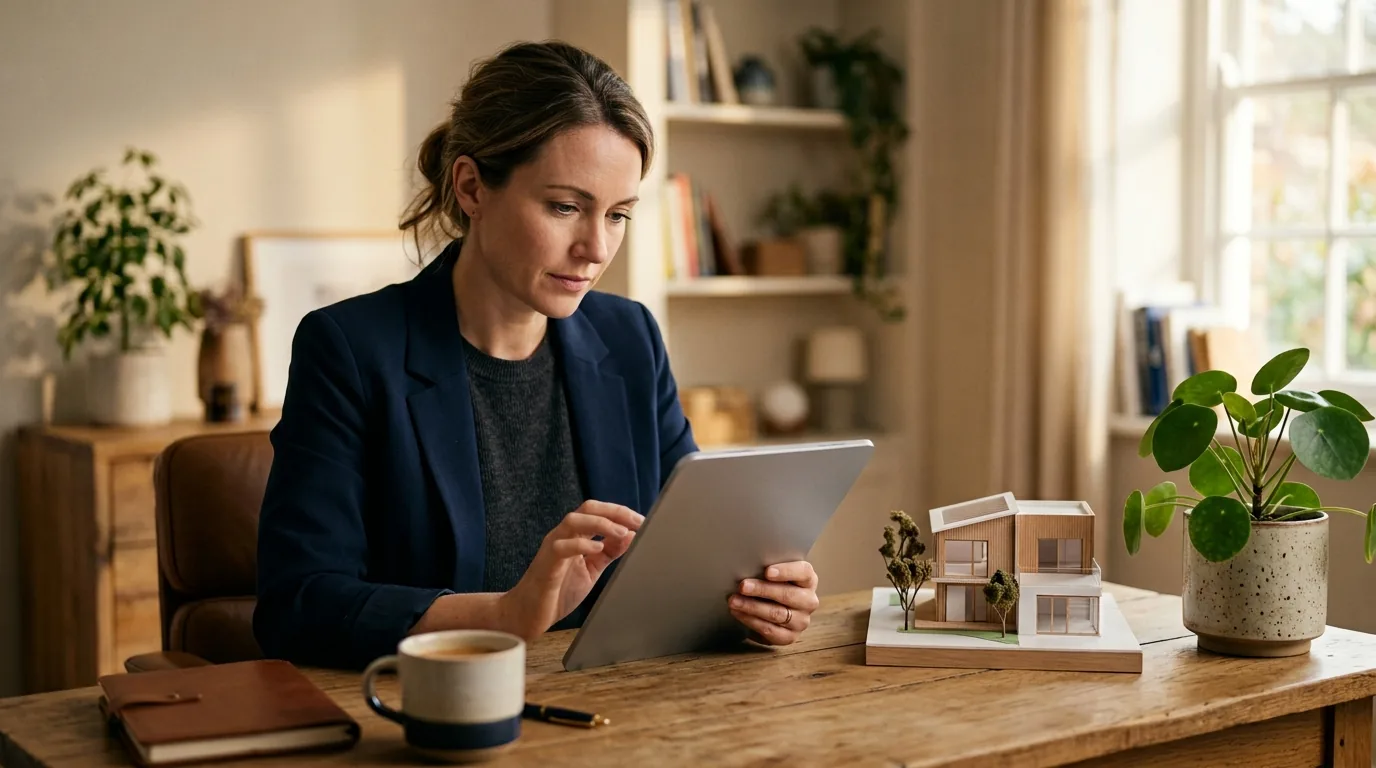 Pessoa analisando um investimento imobiliário no tablet ao lado de uma maquete de casa