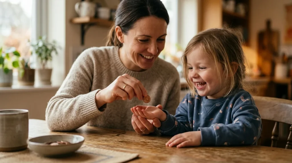Mãe entregando uma moeda para o filho pequeno na mesa da cozinha