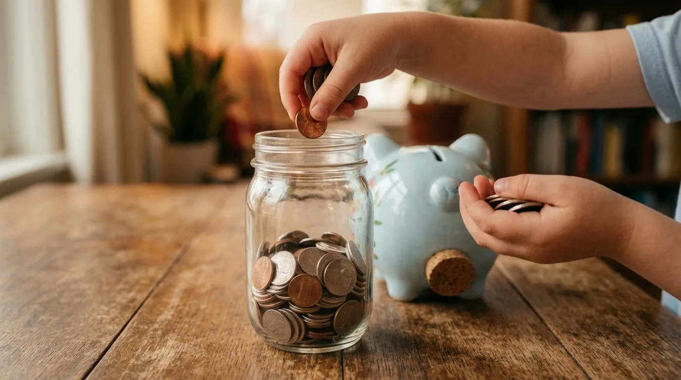 Criança colocando moedas dentro de um pote de vidro ao lado de um cofrinho