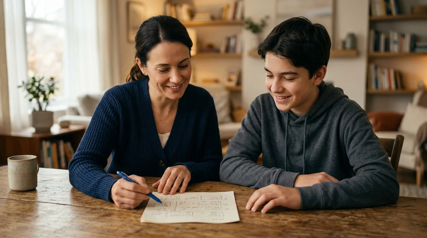 Pai e adolescente revisando juntos um plano de mesada no papel