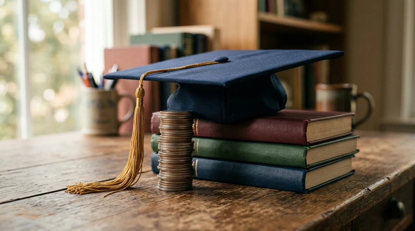 Capelo de formatura sobre uma pilha de moedas e livros