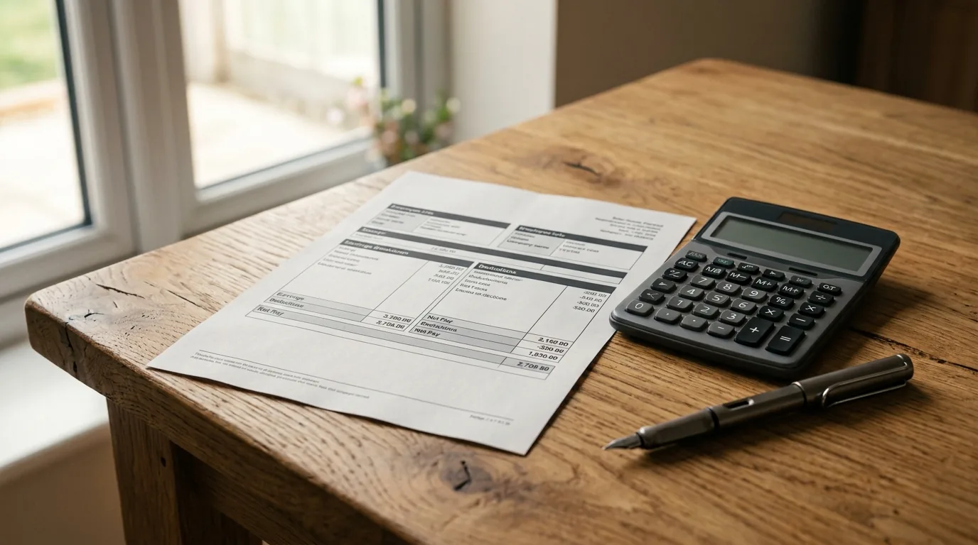 Holerite impresso ao lado de uma calculadora e uma caneta na mesa