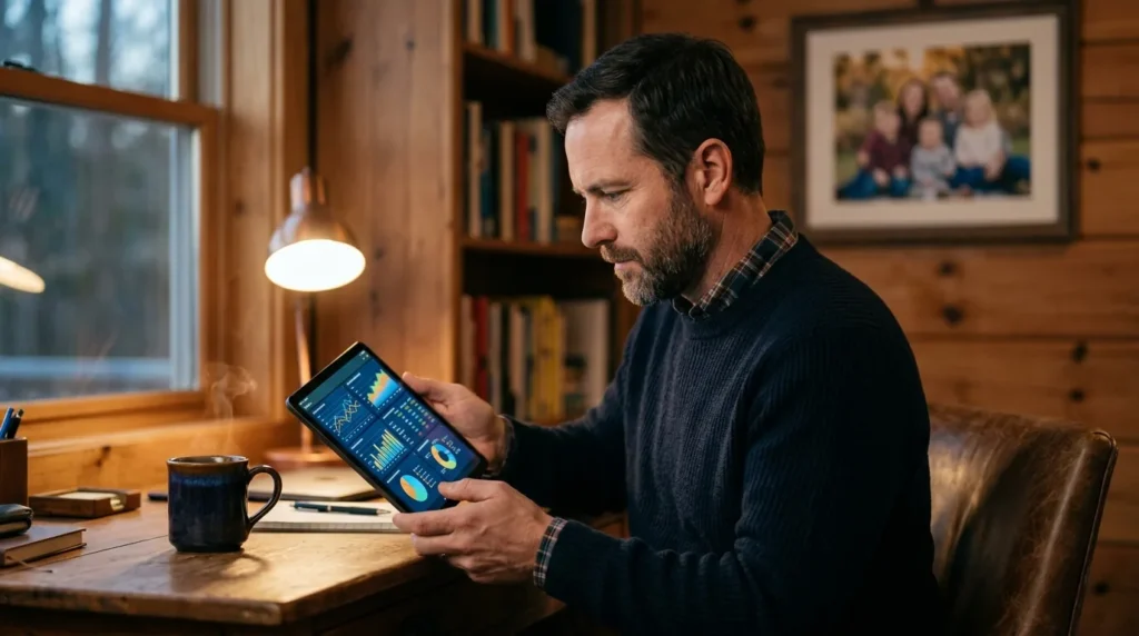 Homem lendo um plano financeiro na tela de um tablet em casa, com foto da família ao fundo