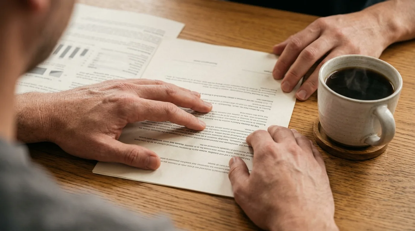 Mãos revisando um documento impresso com uma caneta ao lado de um café
