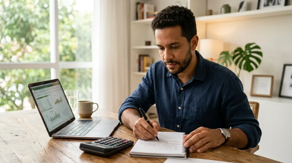 Homem calculando quanto investir por mes para se aposentar em casa