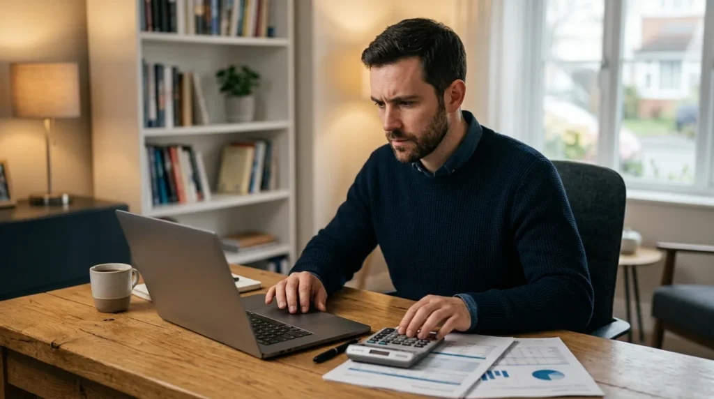 Pessoa comparando taxas de juros de empréstimo no notebook com calculadora