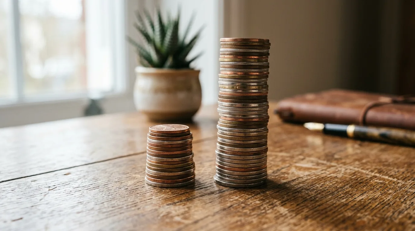 Duas pilhas de moedas de alturas diferentes sobre a mesa