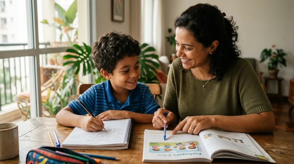 Mae e filho estudando juntos, poupanca com o Tesouro Educa+ para a educacao