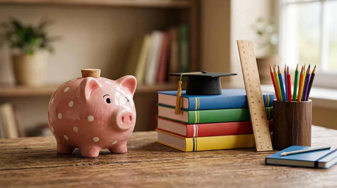 Cofrinho ao lado de material escolar, poupanca para a educacao com o Tesouro Educa+