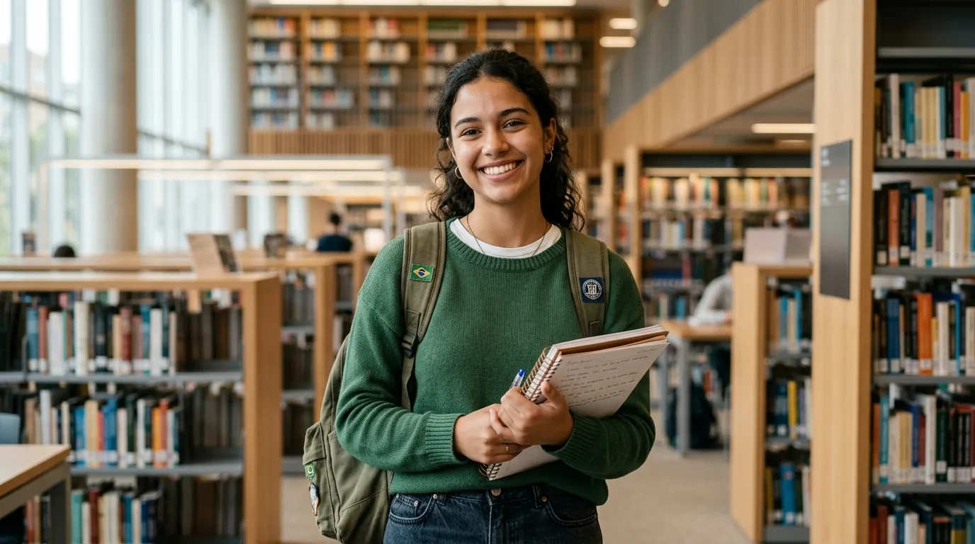 Estudante universitaria na biblioteca, os anos de estudo cobertos pelo Tesouro Educa+