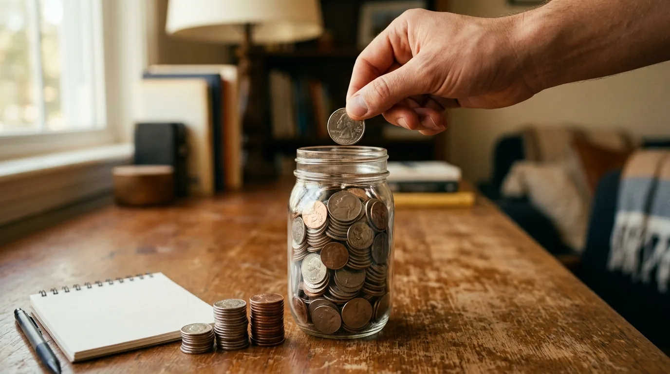 Mao depositando moeda em pote cheio de moedas, fase de acumulacao do Tesouro RendA+