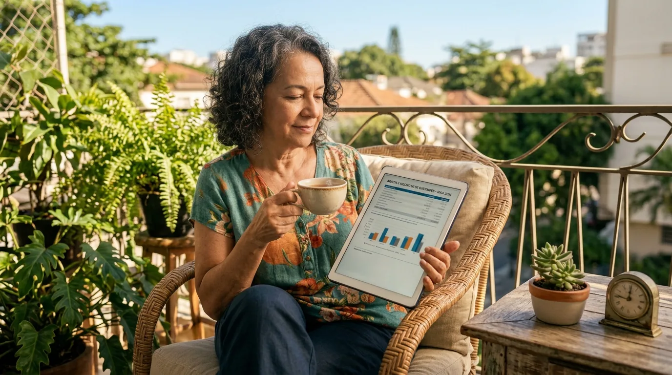 Mulher aposentada conferindo a renda mensal do Tesouro RendA+ no tablet na varanda