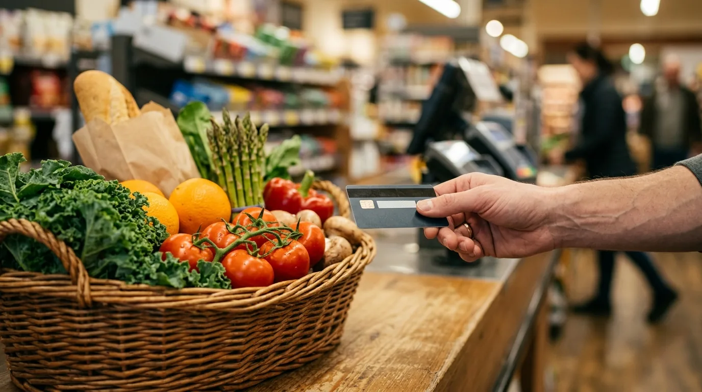 Mão segurando um cartão ao lado de uma cesta de compras no mercado