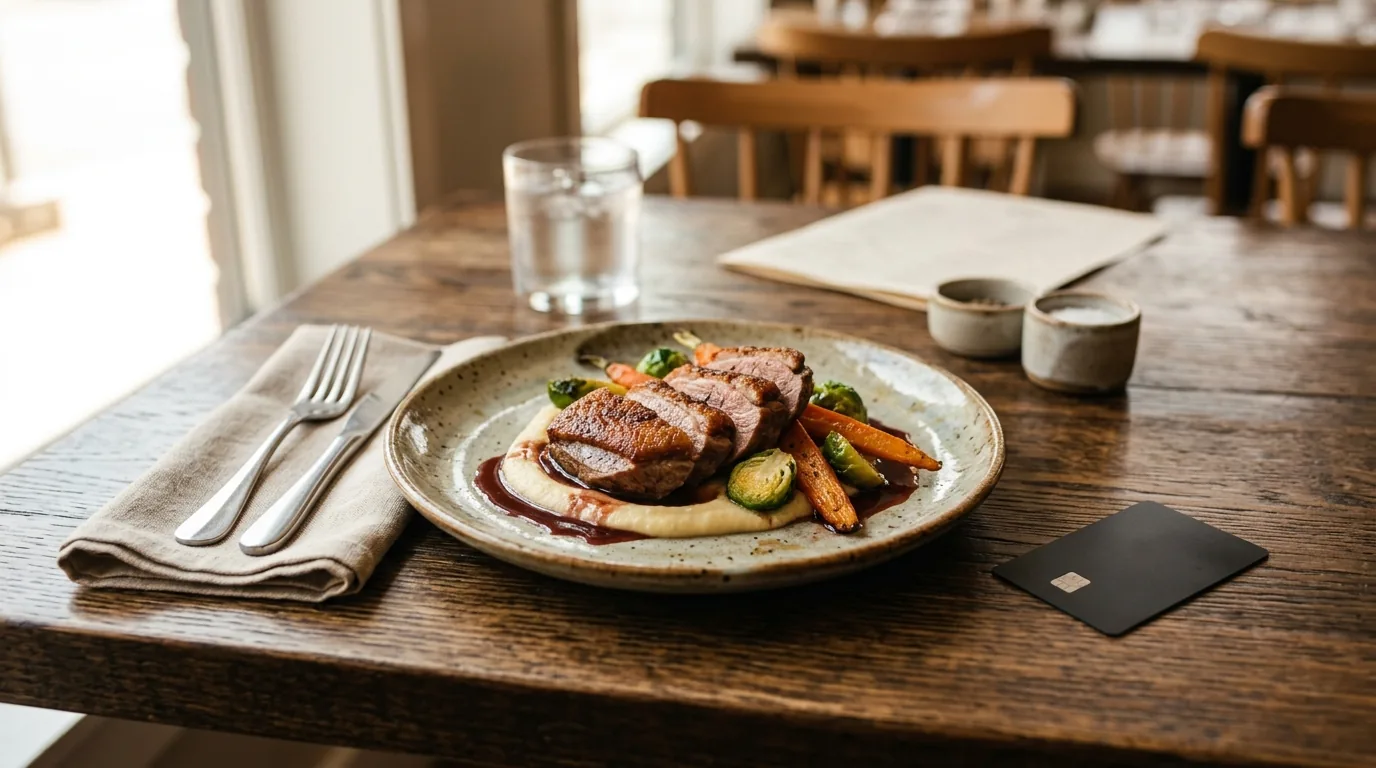 Prato de comida servido em um restaurante com um cartão ao lado