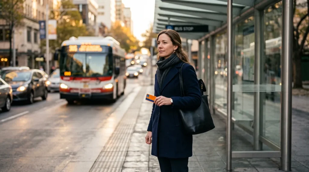 Trabalhadora no ponto de ônibus de manhã segurando o cartão de transporte