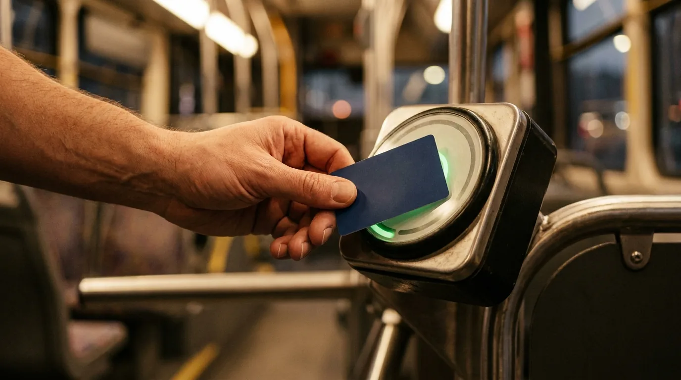 Mão passando o cartão de transporte na catraca do ônibus