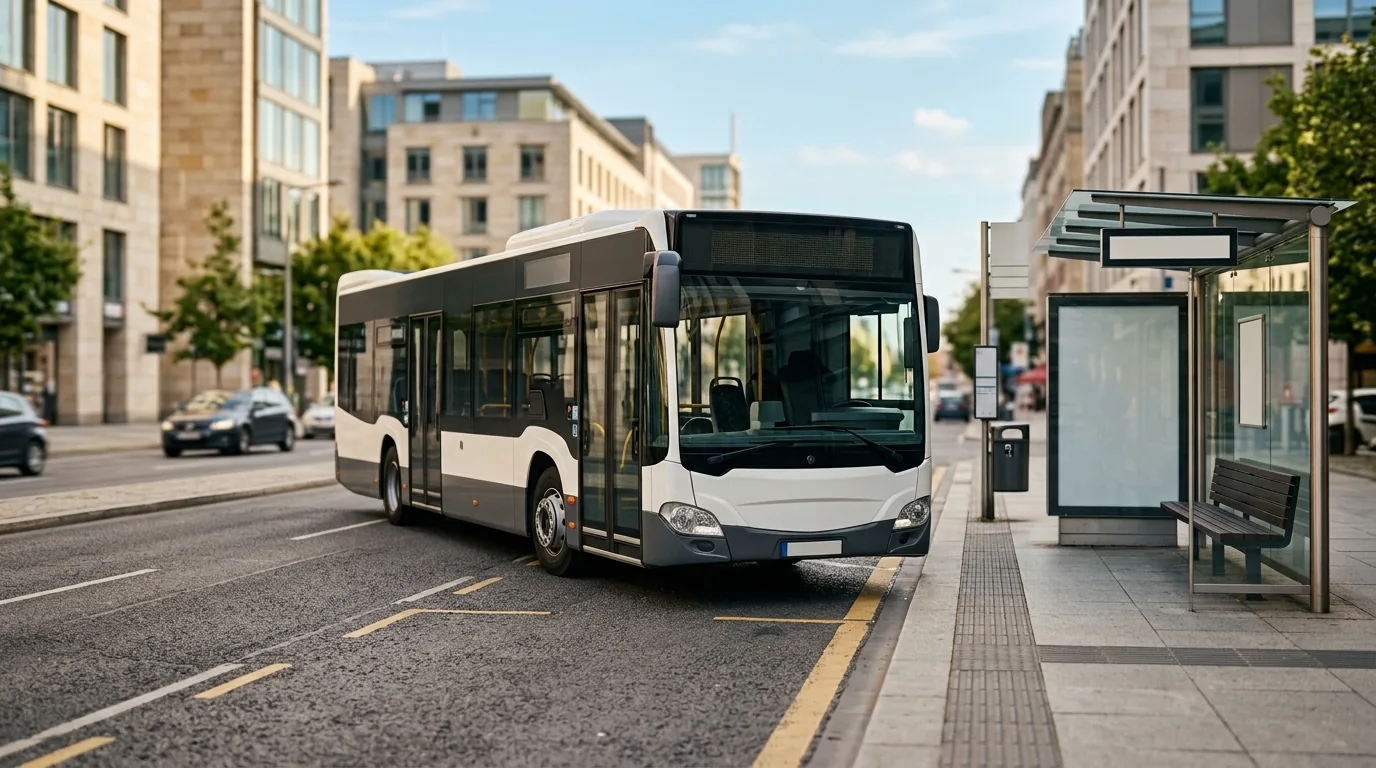 Ônibus urbano chegando ao ponto em uma rua ensolarada