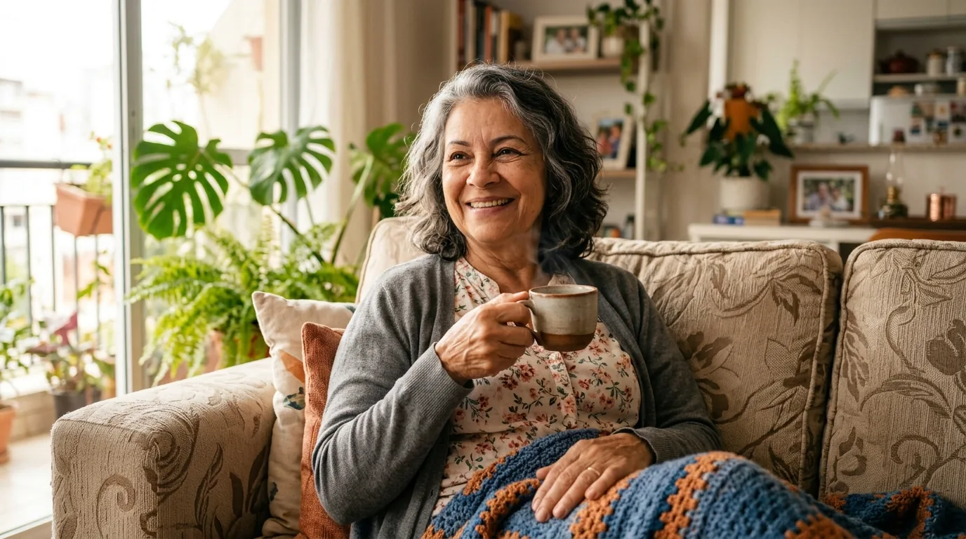 Aposentada relaxando em casa apos conquistar a aposentadoria especial