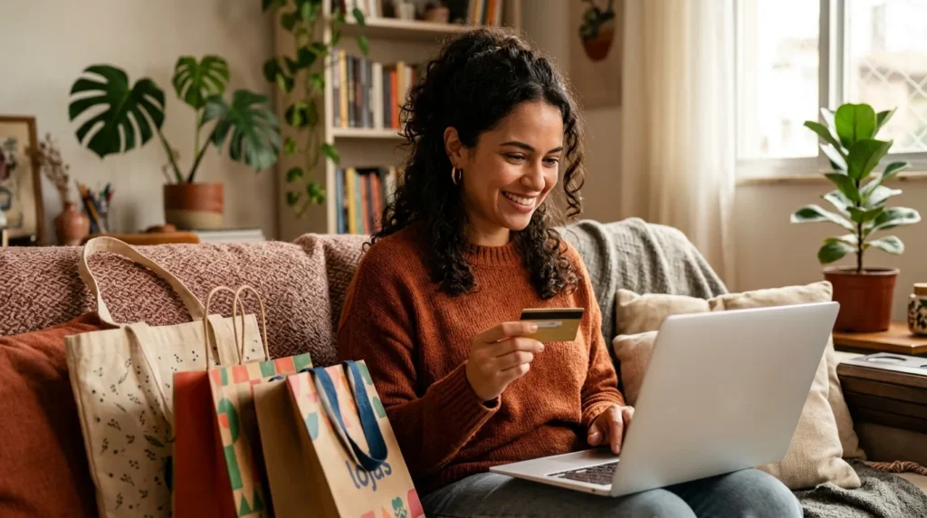 Pessoa comprando online no sofa com cartao na Black Friday 2026