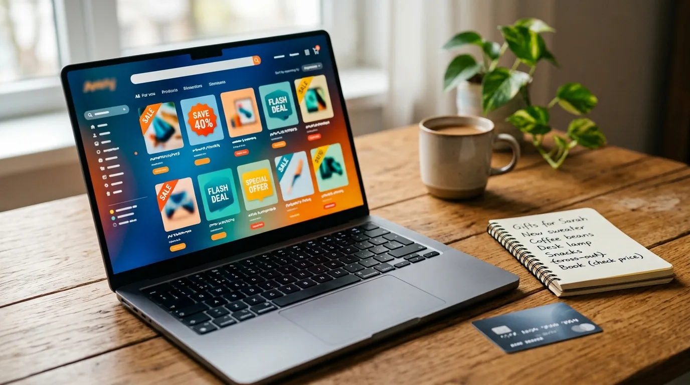 Laptop com tela de ofertas da Black Friday, cartao e lista de compras