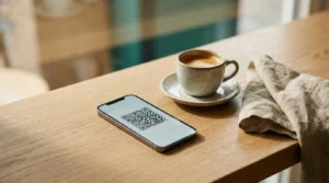 Celular sobre balcão de madeira exibindo um código QR gerado a partir de uma chave Pix aleatória, ao lado de uma xícara de café