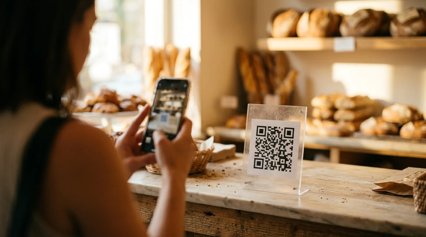 Cliente aponta o celular para um QR Code em suporte de acrílico no balcão de uma padaria para pagar com Pix