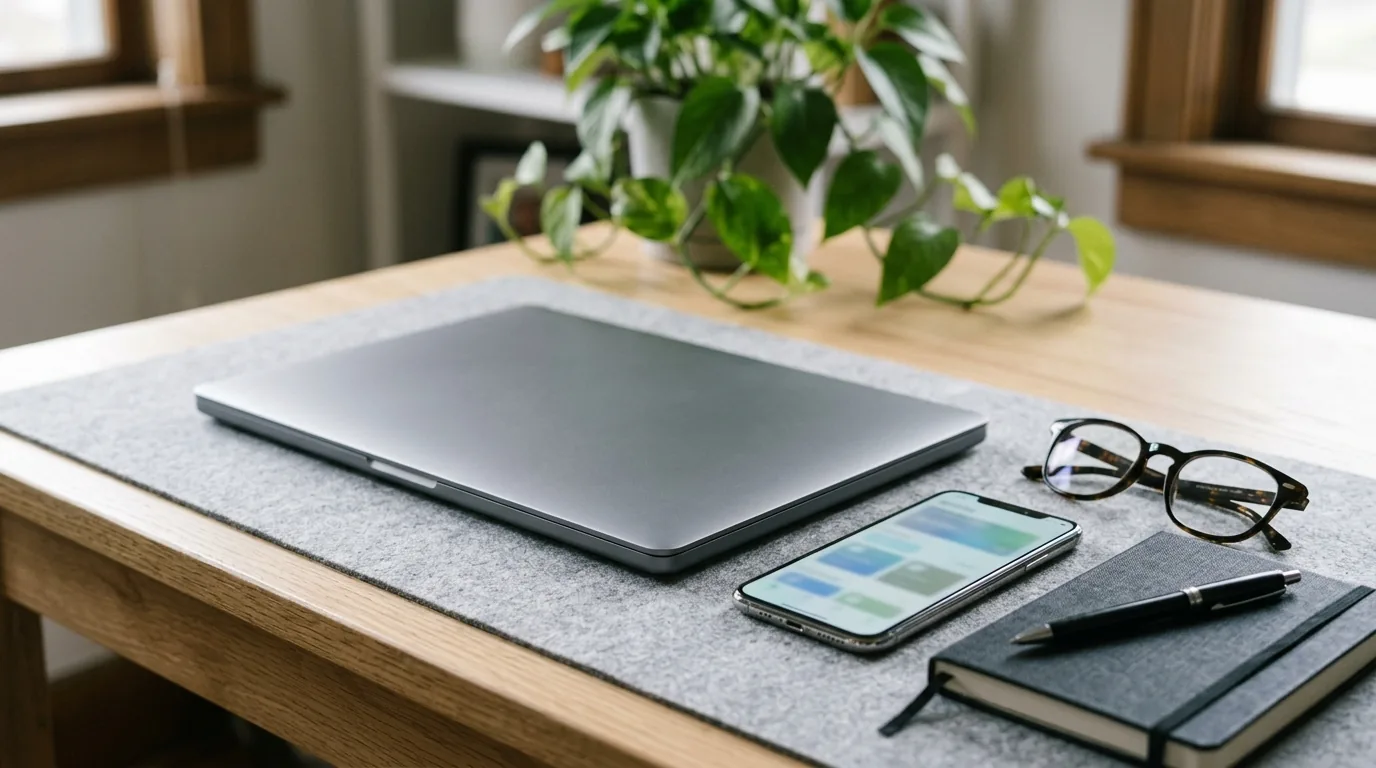 Mesa de home office com notebook fechado, celular com aplicativo de banco aberto, caderno, caneta e óculos