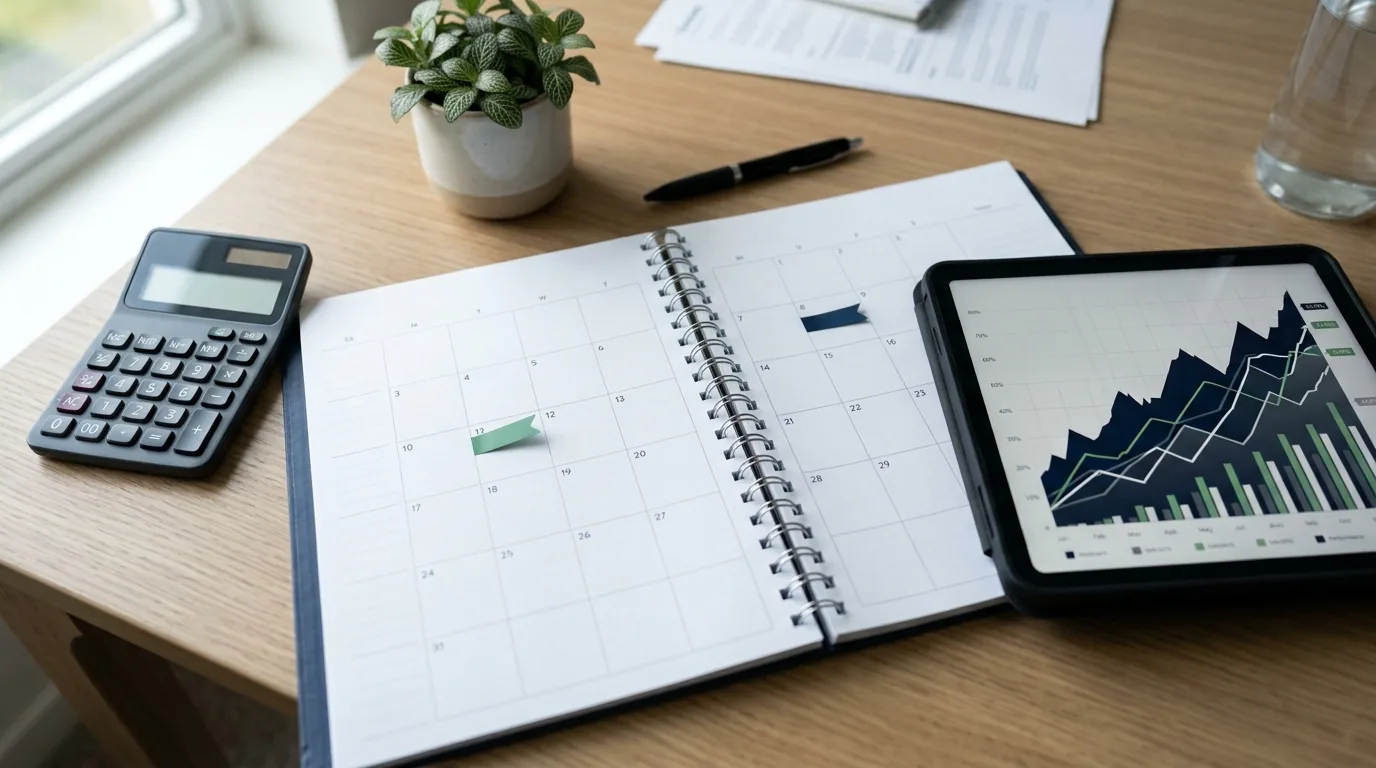 Agenda aberta com datas marcadas, calculadora e tablet com gráfico de fundo de investimento