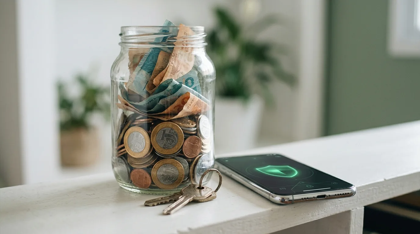 Pote de vidro com moedas e cédulas de real, duas chaves e um celular com escudo de segurança na tela