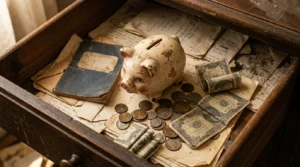 Cofrinho antigo, moedas e cédulas esquecidos dentro de uma gaveta de madeira, representando valores a receber