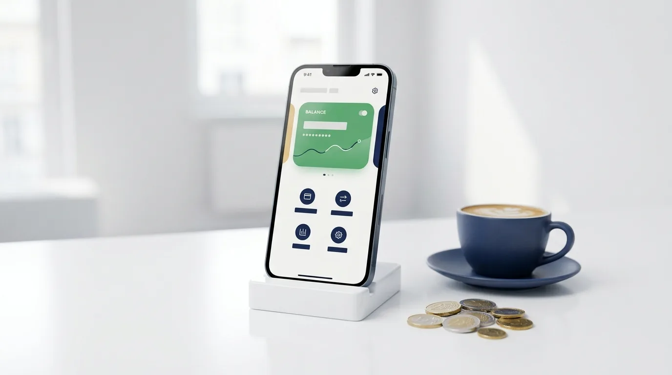 Celular em um suporte sobre mesa branca mostrando um aplicativo bancário, com moedas e xícara de café ao lado