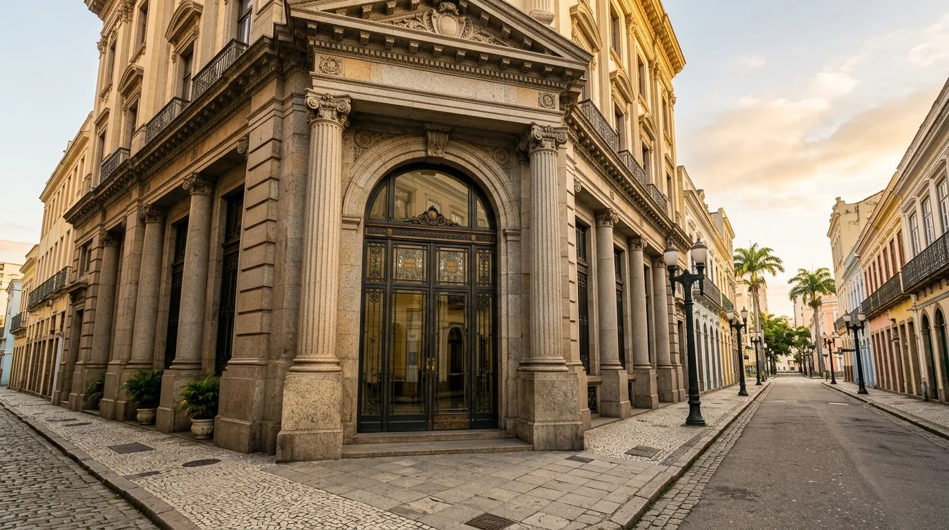 Fachada de um prédio de banco clássico com colunas de pedra em uma rua tranquila de cidade brasileira