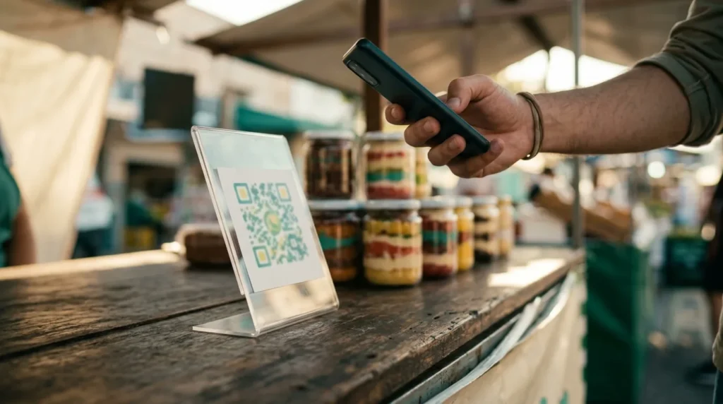 Cliente aponta o celular para um QR Code de pagamento em suporte de acrílico no balcão de uma barraca de bolos de pote