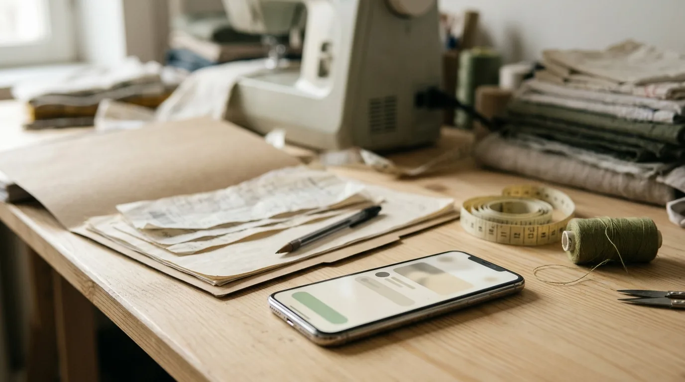 Celular sobre mesa de ateliê de costura ao lado de pasta com recibos organizados, usado para entregar a DASN pelo App MEI