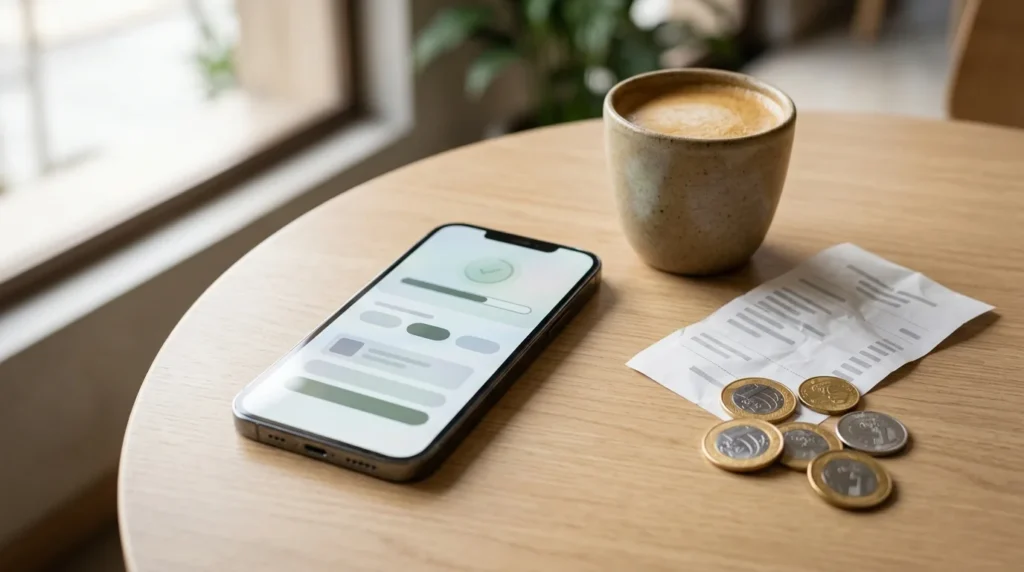 Celular sobre mesa de café com tela de confirmação de pagamento e opções de parcelas do Pix, ao lado de xícara, recibo e moedas