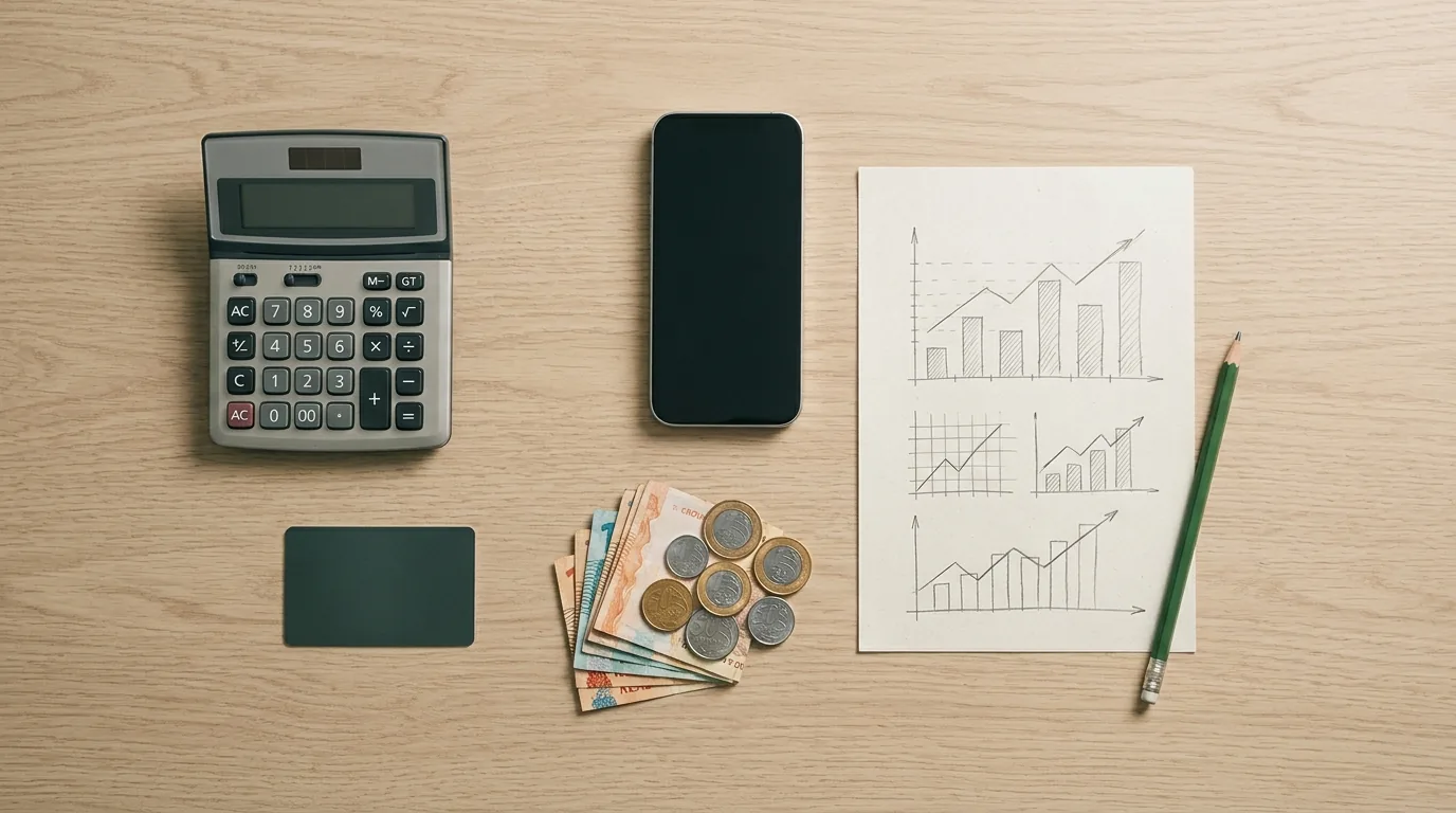 Calculadora, celular, cartão, cédulas e moedas de real e folha com gráficos de barras sobre mesa, usados para comparar o custo do parcelamento