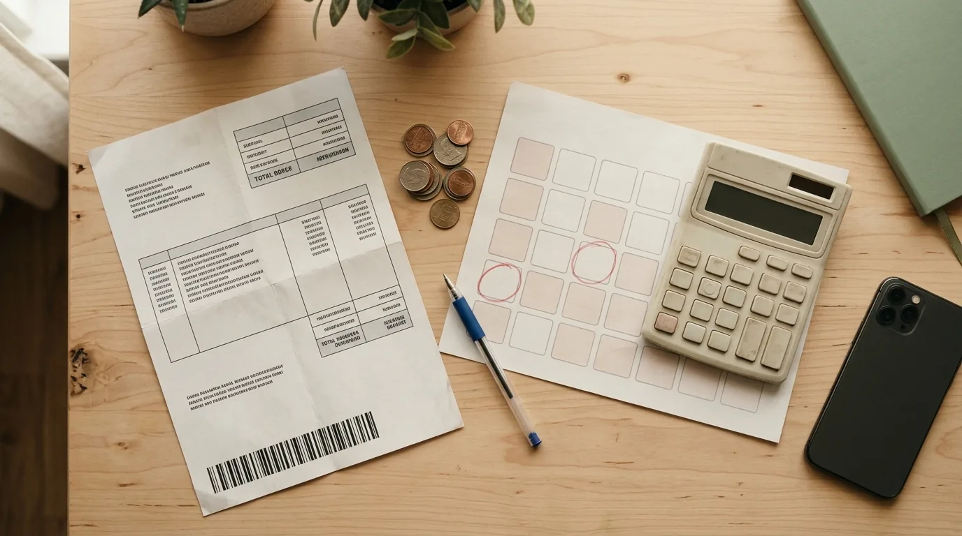 Boleto impresso, calculadora, moedas e calendário com dias marcados em vermelho sobre uma mesa de madeira