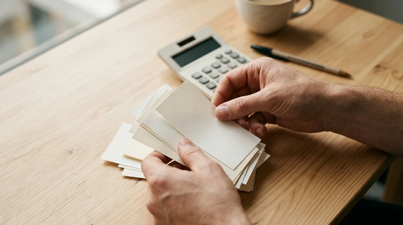 Mãos organizando guias de DAS vencidas e uma calculadora sobre a mesa antes de pedir o parcelamento do MEI