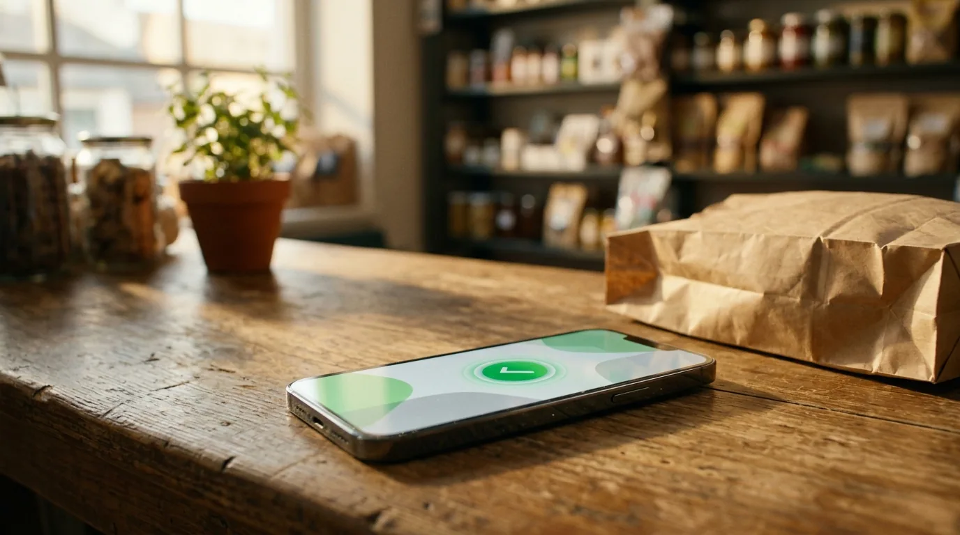 Celular com aplicativo bancário sobre a mesa de um pequeno comércio, pagamento da parcela mensal do MEI